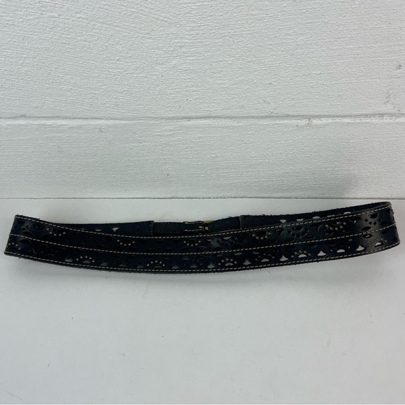 Black Leather Studded Laser Cut Double Buckle Belt - Picture 3 of 3